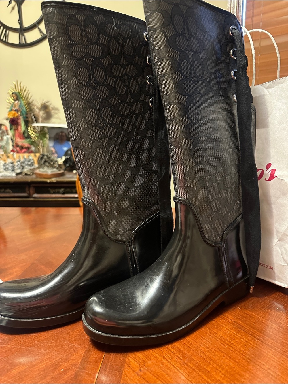 Coach Black Signature Tall Rain Boots with Lace-Up Back